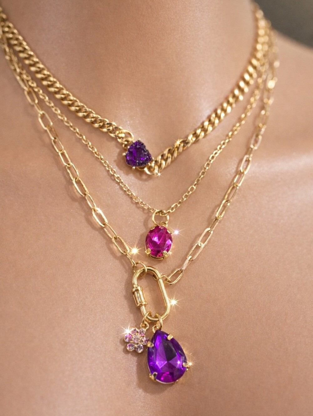 Gold Multi-Strand Layered Necklace w/ Purple Gemstone Pendants – Women’s Jewelry